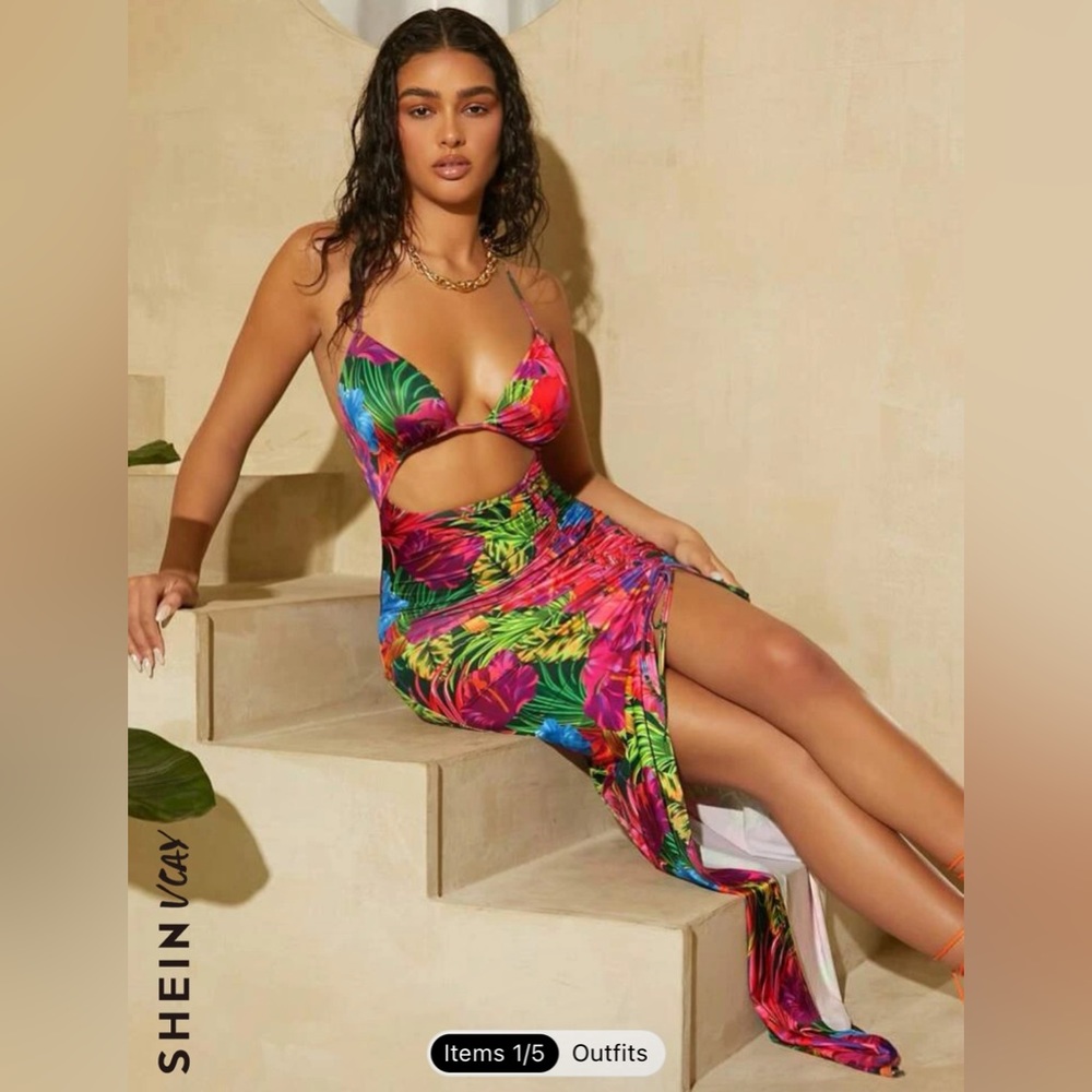 NEW!!!  SHEIN VCAY Tropical Print Cut Out Dress - Large